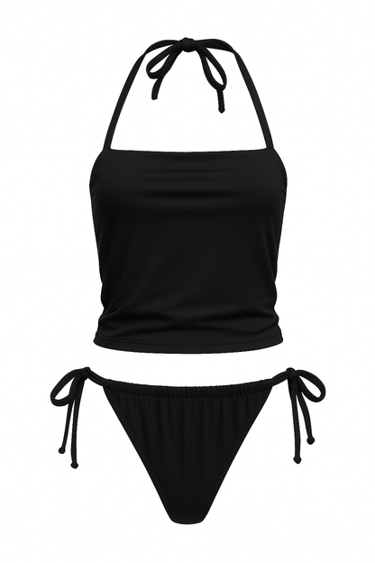 tankini top, bikini top, supportive swim top, mid-rise tankini, flattering swimwear, modest bikini, summer swimwear, Ava Swim tankini, travel-friendly bikini. tankini top in black from the front side

