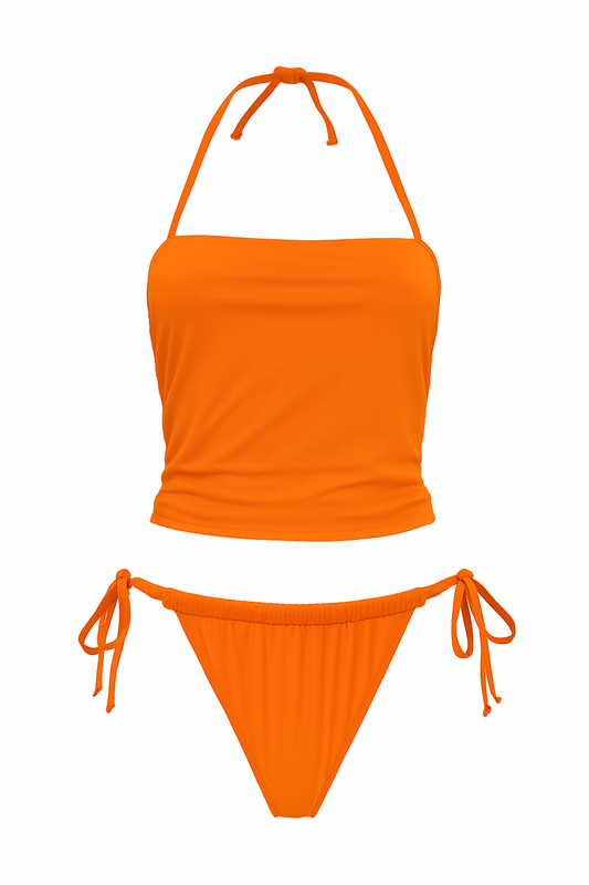 tankini top, bikini top, supportive swim top, mid-rise tankini, flattering swimwear, modest bikini, summer swimwear, Ava Swim tankini, travel-friendly bikini. tankini supportive top in tangerine orange from the front side

