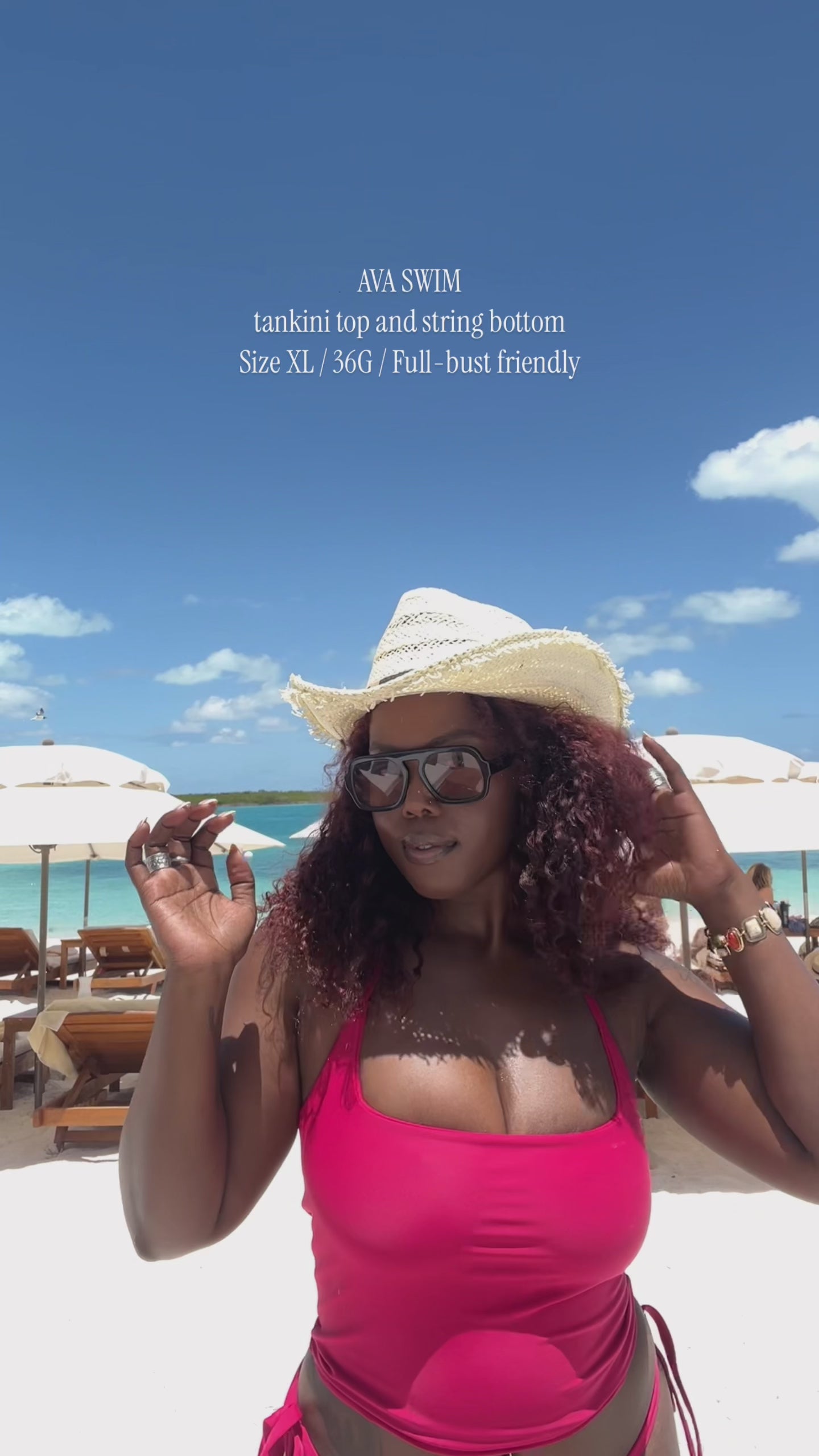video of founder, shar showing off the tankini top and string bottom in the pink magenta color. Sharon is describing the benefits and additives of the pam tankini top  which includes support, coverage and style.